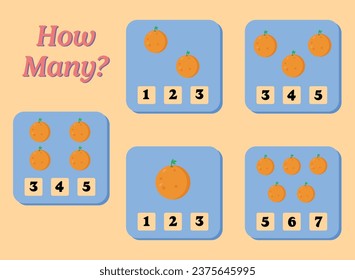 How many orange are there? Educational math game for kids. Printable worksheet design for preschool or elementary kids. Activities for children.