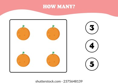 Wie viele Orange gibt es? Erziehungsmathematik für Kinder. Druckbares Arbeitsblattdesign für Vorschulkinder oder Grundschulkinder. Aktivitäten für Kinder.