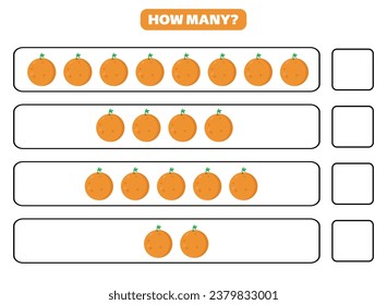How many orange are there? Educational worksheet design for children. Counting game for kids.