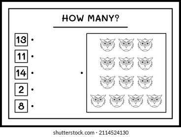 How many Owl, game for children. Vector illustration, printable worksheet