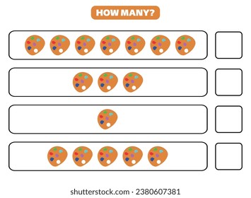 How many palette are there? Printable worksheet design for children. Counting game for kids.