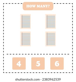 How many paper are there? Educational worksheet design for children. Counting game for kids.