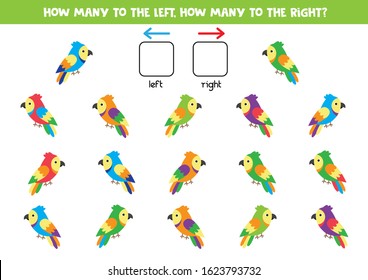 How many parrots go to the right and to the left. Logic game for kids.