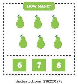 How many pear are there? Educational worksheet design for children. Counting game for kids.