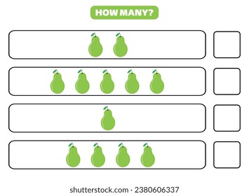 How many pear are there? Printable worksheet design for children. Counting game for kids.