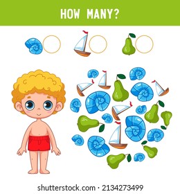 How many pears, shells, ships and fruits does the cute little boy in swimming trunks have? Counting educational kids game, kids math activity sheet. Cartoon color vector illustration.