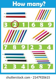 How many pencils.Preschool Counting Activities. Printable worksheet. Educational game for children, kids preschool age. Mathematics task. Learning mathematics, numbers.Tasks for addition.