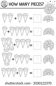 How many pieces line game with cute pumpkin pie. Autumn black and white Thanksgiving math addition activity for preschool kids. Printable simple counting worksheet with fall holiday food
