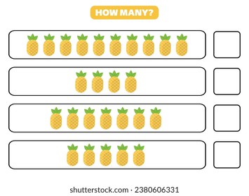 How many pineapple are there? Printable worksheet design for children. Counting game for kids.