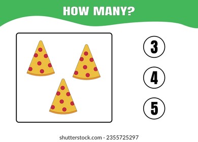 How many pizza are there? Educational math game for kids. Printable worksheet design for preschool or elementary kids.