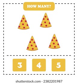 How many pizza are there? Educational worksheet design for children. Counting game for kids.