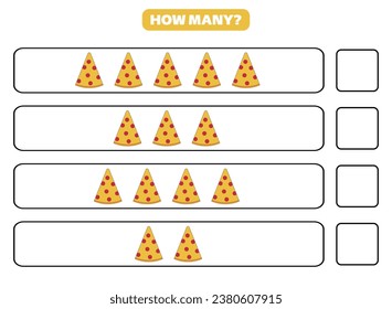 How many pizza are there? Printable worksheet design for children. Counting game for kids.