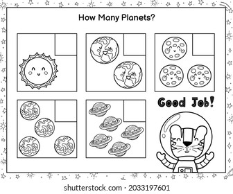 How many planets do you see? Count and write the number. Black and white mathematics educational game for kids. Vector illustration