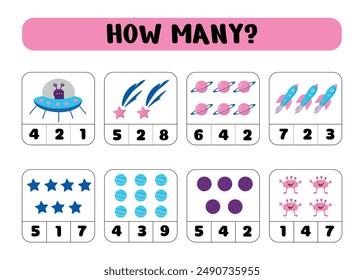 How many planets, rockets, stars, aliens. Educational math game.  A counting game for children. Vector illustration