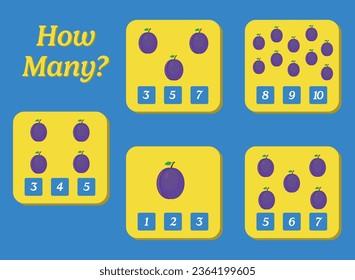 How many plum are there? Educational math game for kids. Printable worksheet design for preschool or elementary kids.