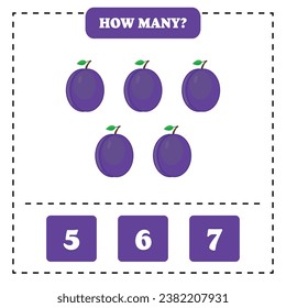 How many plum are there? Educational worksheet design for children. Counting game for kids.
