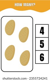 How many potato are there? Educational math game for kids. Printable worksheet design for preschool or elementary kids.