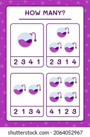¿Cuántas botellas potion, juegos para niños? Ilustración del vector, hoja de cálculo imprimible
