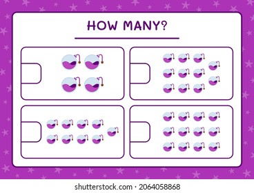 ¿Cuántas botellas potion, juegos para niños? Ilustración del vector, hoja de cálculo imprimible