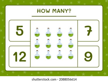 How many Potion Bottle, game for children. Vector illustration, printable worksheet