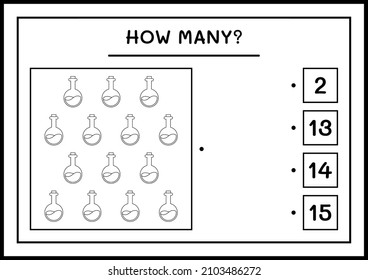 How many Potion Bottle, game for children. Vector illustration, printable worksheet