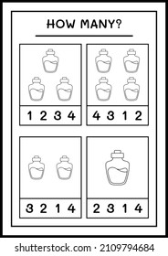 How many Potion Bottle, game for children. Vector illustration, printable worksheet