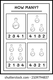 How many Potion Bottle, game for children. Vector illustration, printable worksheet