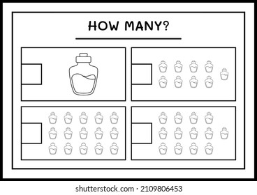 How many Potion Bottle, game for children. Vector illustration, printable worksheet