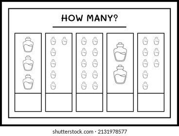 How many Potion Bottle, game for children. Vector illustration, printable worksheet