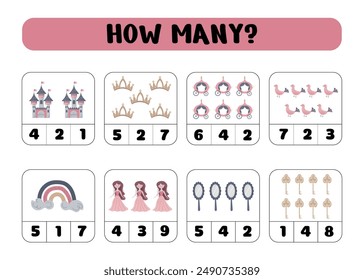 How many princesses, castles, carriages, crowns, keys. Educational math game.  A counting game for children. Vector illustration