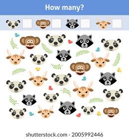 How many. Printable worksheet. Educational game for toddlers with animal faces. It can be used for kindergarten and preschool. Children activity page.