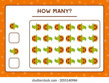 Cuántas calabazas, juegos para niños. Ilustración del vector, hoja de cálculo imprimible