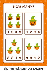 Cuántas calabazas, juegos para niños. Ilustración del vector, hoja de cálculo imprimible