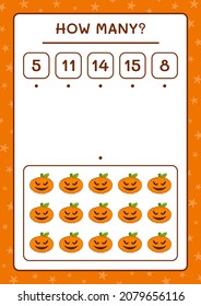 Cuántas calabazas, juegos para niños. Ilustración del vector, hoja de cálculo imprimible