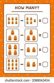 Cuántas calabazas, juegos para niños. Ilustración del vector, hoja de cálculo imprimible
