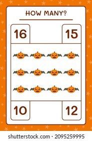Cuántas calabazas, juegos para niños. Ilustración del vector, hoja de cálculo imprimible