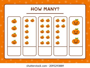 Cuántas calabazas, juegos para niños. Ilustración del vector, hoja de cálculo imprimible