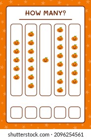 Cuántas calabazas, juegos para niños. Ilustración del vector, hoja de cálculo imprimible