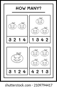 Cuántas calabazas, juegos para niños. Ilustración del vector, hoja de cálculo imprimible