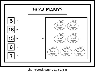 How many Pumpkin, game for children. Vector illustration, printable worksheet