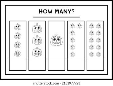 How many Pumpkin, game for children. Vector illustration, printable worksheet
