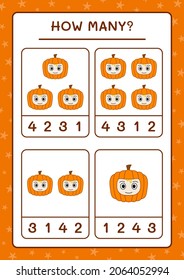 Cuántas Máscara de calabaza, juegos para niños. Ilustración del vector, hoja de cálculo imprimible