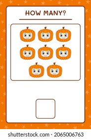 Cuántas Máscara de calabaza, juegos para niños. Ilustración del vector, hoja de cálculo imprimible