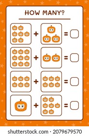 How many Pumpkin Mask, game for children. Vector illustration, printable worksheet