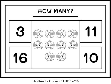 How many Pumpkin Mask, game for children. Vector illustration, printable worksheet