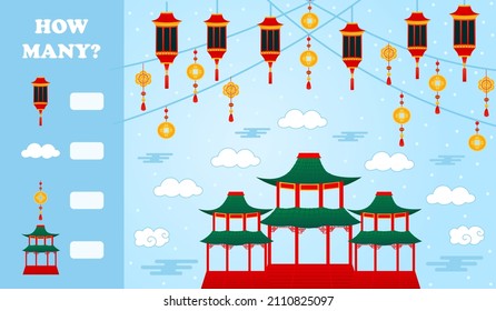 How many puzzle printable worksheet for kids with chinese building and lanterns on blue background