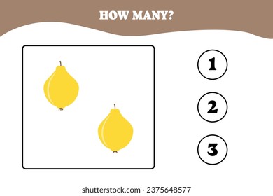 How many quince are there? Educational math game for kids. Printable worksheet design for preschool or elementary kids. Activities for children.