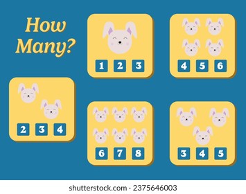 How many rabbit are there? Educational math game for kids. Printable worksheet design for preschool or elementary kids. Activities for children.