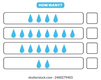 How many rain drop are there? Educational worksheet design for children. Counting game for kids.