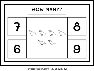 How many Raven, game for children. Vector illustration, printable worksheet
